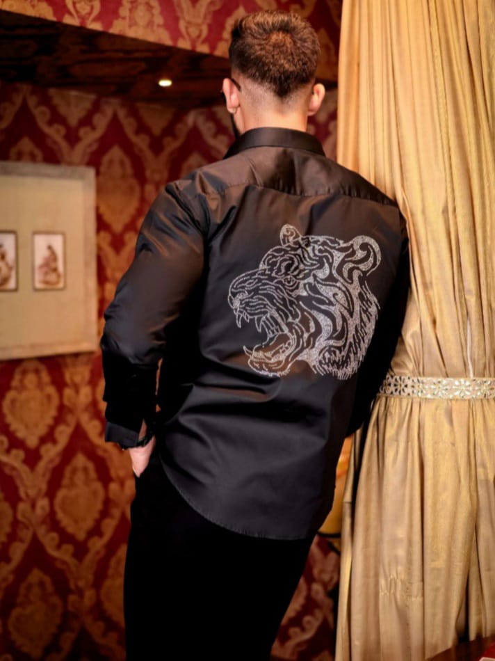 Streak Hawk Black Roar Tiger Starry Beaded Satin Cotton Premium Party Shirt